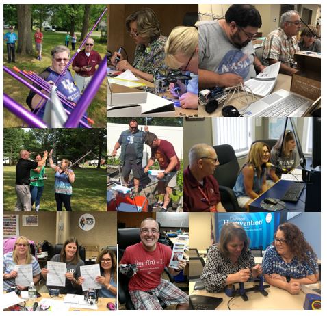 Several photographs from different Teachers Institute sessions. Teachers are doing radio activites inside the classroom at tables and others are using antennas outside.