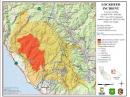 The yellow area indicates the mandatory evacuuation area and the red shows the perimeter of the Lockheed Fire. The grey area shows the location of the 2008 Martin Fire. [Map courtesy of CAL Fire]